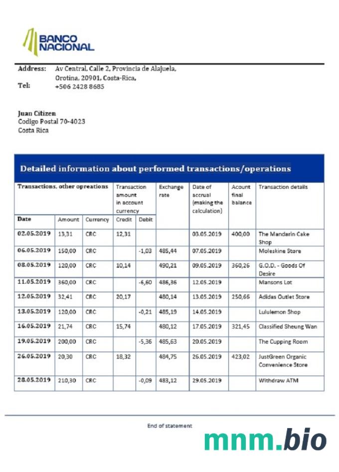 Costa Rica Banco Nacional wyciąg bankowy do wypłaty szablonu .xls I.format pliku pdf